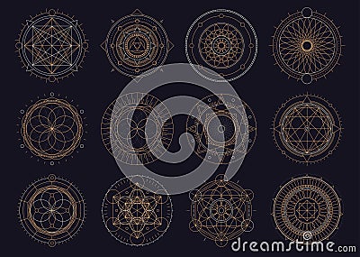 Vector set of sacred geometric figures, dreamcatcher and mystic symbols, golden abstract signs Vector Illustration