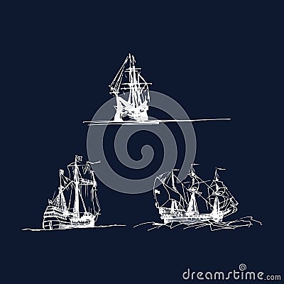 Vector set of sailing galleon ships in the ocean in ink line style. Hand sketched old warships. Marine theme design. Vector Illustration