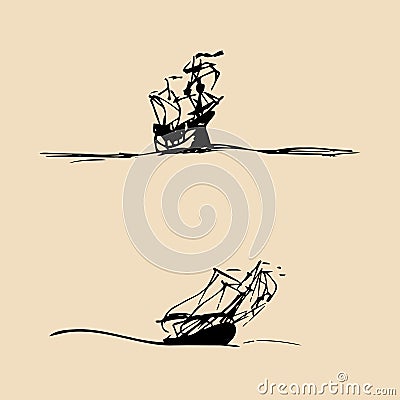 Vector set of sailing ships in the sea in ink line style. Hand sketched old galleon and schooner. Marine theme design Vector Illustration