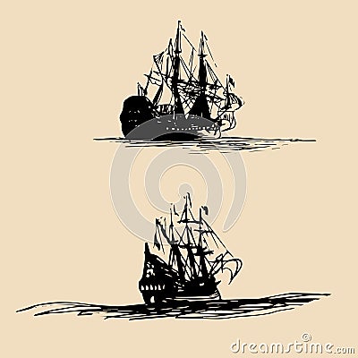 Vector set of sailing ships in the sea in ink line style. Hand sketched old warship silhouettes. Marine theme design. Vector Illustration