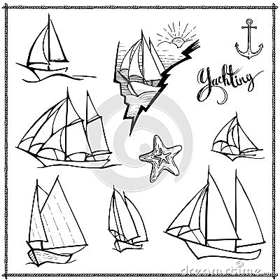 Vector set of sailing yachts. Water transport for travel, recreation and sports. Collection of black line sketch Vector Illustration