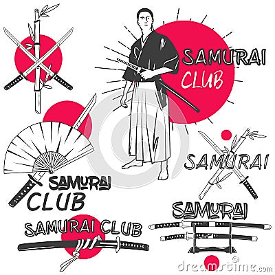 Vector set of samurai labels in vintage style. Oriental martial arts club concept. Crossed katana swords. Vector Illustration