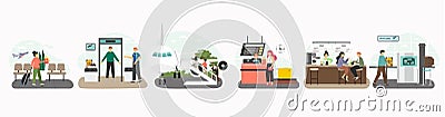 Vector set of scenes with tourists in airport. Travel people concept. Flight passengers at check-in, airport baggage Vector Illustration