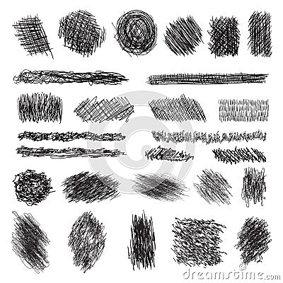 Vector set of scribble brushes. Collection of ink lines, set of hand drawn textures, scribbles of pen, Vector Illustration