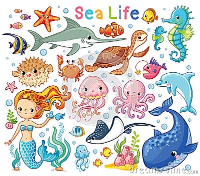 Vector set with sea animals and a mermaid. Collection of marine inhabitants Stock Photo
