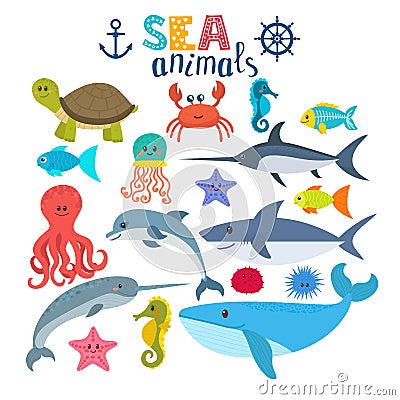 Vector set of sea creatures. Cute cartoon animals Vector Illustration