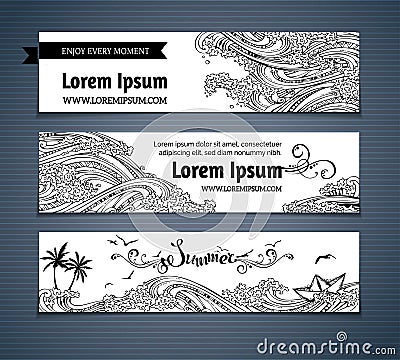 Vector set of sea/ocean horizontal banners. Vector Illustration