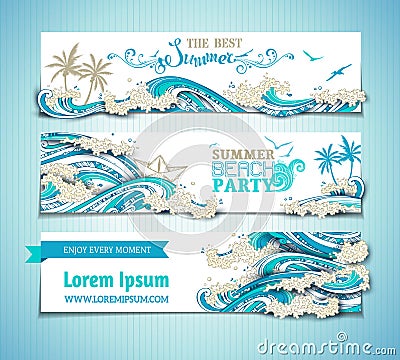 Vector set of sea/ocean horizontal banners. Cartoon Illustration