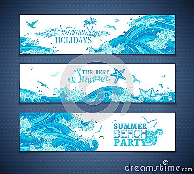Vector set of sea/ocean horizontal banners. Vector Illustration