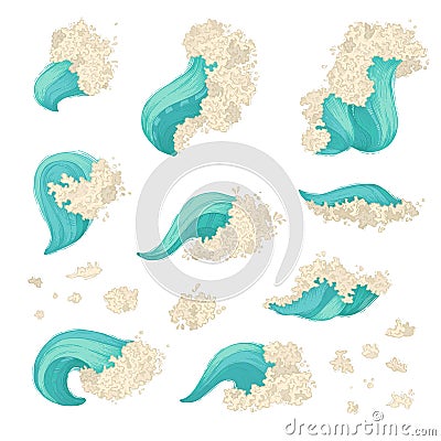 Vector set of sea or ocean waves isolated on white background. Vector Illustration