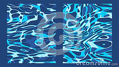 Vector set of sea surface backgrounds. Abstract cartoonish templates with water for concept design. Deep blue ocean water and foam Vector Illustration