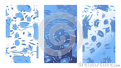 Vector set of sea surface backgrounds. Abstract cartoonish templates with water for concept design. Deep blue ocean water and foam Vector Illustration