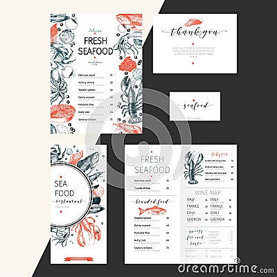Vector set for seafood restaurant branding. Flyer, brochure, banner, business card. Hand drawn vintage elements. Vector Illustration