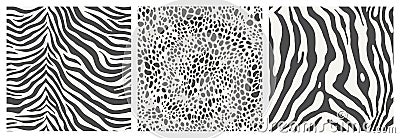 A vector set of Seamless animalistic patterns in monochrome. Modern prints featuring zebra stripes and leopard spots. Vector Illustration