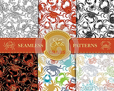 Vector set of seamless crabs patterns. Vector Illustration