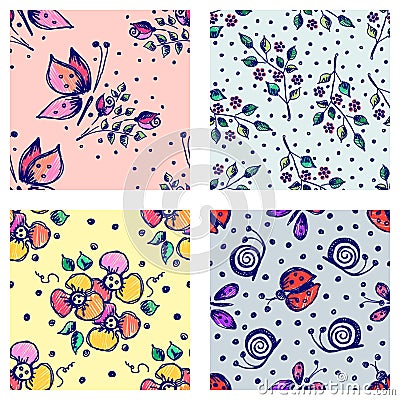 Vector set of seamless floral pattern with butterflies, ladybugs, flowers, leaves, decorative elements Hand drawn contour lines an Vector Illustration