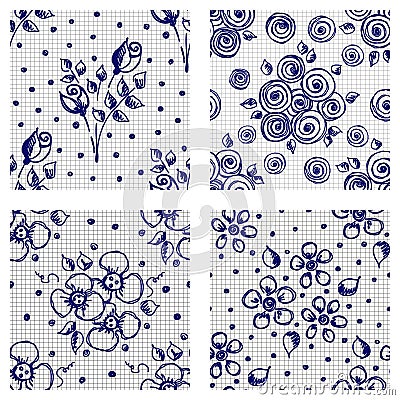 Vector set of seamless floral pattern with flowers, leaves, decorative elements, splash, blots, drop Hand drawn contour lines and Vector Illustration