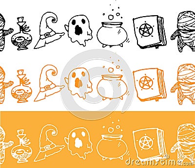 Vector set of seamless horizontal borders for Halloween. long strips of doodle ghost, cauldron, potion, witch hat, mummy Vector Illustration