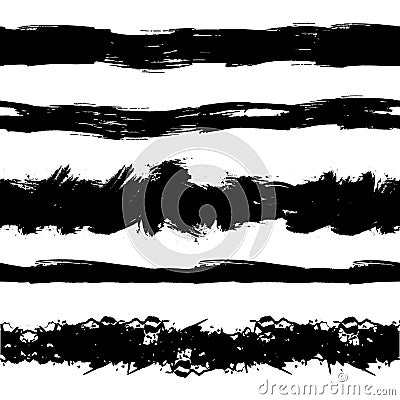 Vector Set of Seamless Painr Drawn Stipes, Brush Strokes, Black Ink Splatters. Vector Illustration