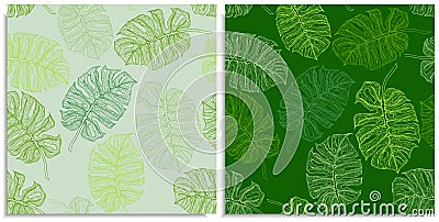 A vector set of a seamless pattern with sprigs of jungles leaves. Hand-drawn on sheet at the graphic style. Only lines Vector Illustration