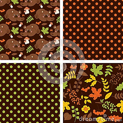 Vector Seamless Pattern with Cute Brown Bears, Mushrooms, Berries and Leaves Vector Illustration