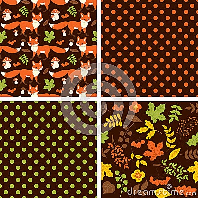 Vector Set of Seamless Patterns with Cute Fox, Mushrooms, Berries, Leaves and Polka Dot Vector Illustration