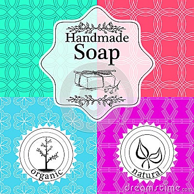 Vector set of seamless patterns, labels and logo design templates for hand made soap packaging and wrapping paper Vector Illustration