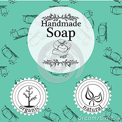 Vector set of seamless patterns, labels and logo design templates for hand made soap packaging and wrapping paper Vector Illustration