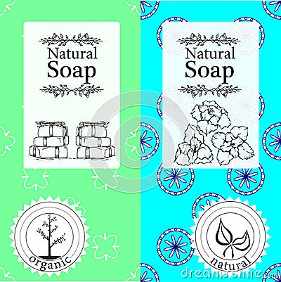 Vector set of seamless patterns, labels and logo design templates for handmade natural soap packaging and wrapping paper Vector Illustration