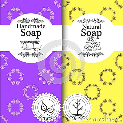 Vector set of seamless patterns, labels and logo design templates for handmade natural soap packaging and wrapping paper Vector Illustration