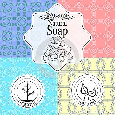 Vector set of seamless patterns, labels and logo design templates for handmade natural soap packaging and wrapping paper Vector Illustration