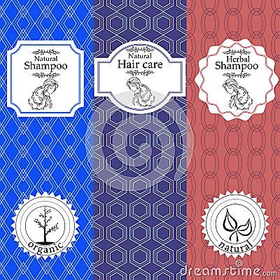 Vector set of seamless patterns, labels and logo design templates for natural herbal shampoo packaging and wrapping Vector Illustration