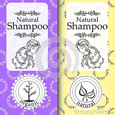 Vector set of seamless patterns, labels and logo design templates for natural shampoo packaging and wrapping paper Vector Illustration