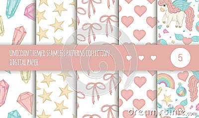Vector set of seamless patterns with magic colored crystals, stars, bows, Vector Illustration