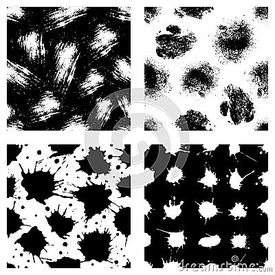 Vector set of seamless patterns, tiles with inc splash, blots, smudge and brush strokes. Grunge endless template for web backgroun Vector Illustration