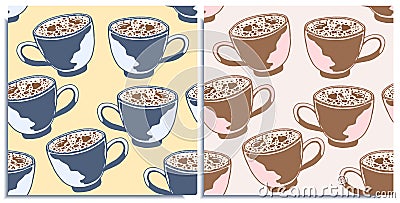 Vector set of seamless patterns with wonderful coffee with froth, cappuccino, latte, tasty. Hand-drawn in graphic and real-style Stock Photo