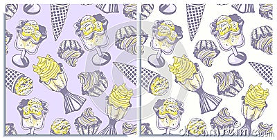 Vector set of seamless patterns with wonderful colorful cupcake, cone ice cream, a scoop of lemon ice cream in a bowls. Hand-drawn Stock Photo