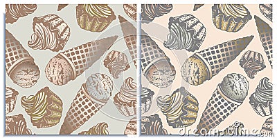 Vector set of seamless patterns with wonderful colorful cupcake, ice cream, flavor of chocolate, creme brulee, vanilla, cream. Stock Photo