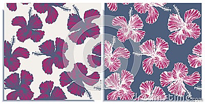 Vector set of seamless patterns with wonderful colorful hibiscus, hand-drawn in graphic and real-style at the same time Vector Illustration