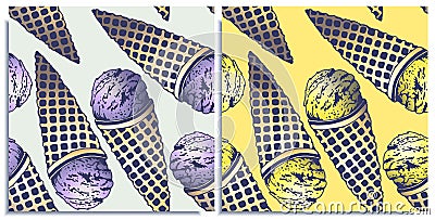 Vector set of seamless patterns with wonderful colorful ice cream, flavor of blueberry and lemon, hand-drawn in graphic and real- Stock Photo