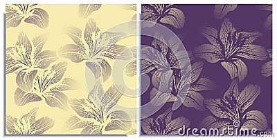 Vector set of seamless patterns with wonderful colorful lilies, hand-drawn in graphic and real-style at the same time. Delicate Stock Photo