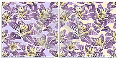 Vector set of seamless patterns with wonderful colorful lilies, hand-drawn in graphic and real-style at the same time. Delicate Stock Photo