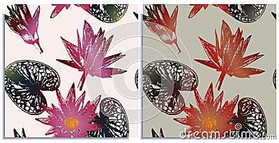 Vector set of seamless patterns with wonderful colorful lotus, hand-drawn in graphic and real-style at the same time Vector Illustration