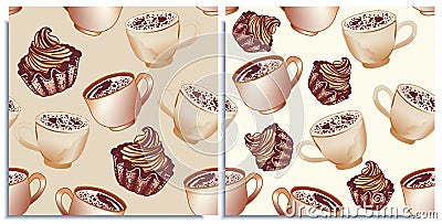 Vector set of seamless patterns with wonderful cupcakes and coffee with froth, cappuccino, latte, tasty. Hand-drawn in graphic and Stock Photo