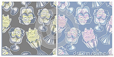 Vector set of seamless patterns with a wonderful stickers of balls strawberry ice cream, lemon ice cream in bowls. Hand-drawn, Stock Photo