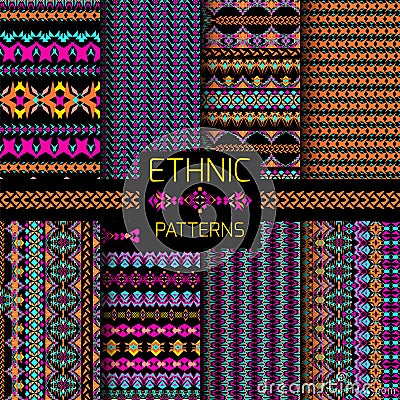 Vector set of seamless textures. Collection of tribal geometric striped patterns. Vector Illustration