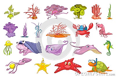 Vector set of seaweed and sea animals illustration Vector Illustration