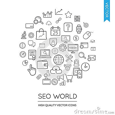 Vector Set of SEO Modern Flat Thin Icons Inscribed in Round Shape Vector Illustration