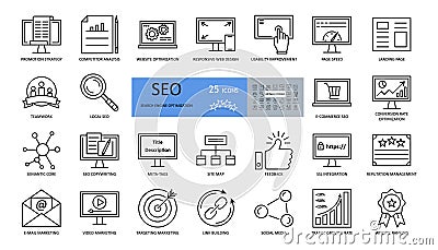 Vector set of SEO optimization icons with editable stroke. strategy, competitor analysis, responsive web design, usability Vector Illustration