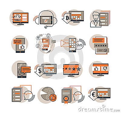 Vector set of SEO targeting, performance, monitoring icons. Search and review analysis results icons. E commerce marketing and Vector Illustration